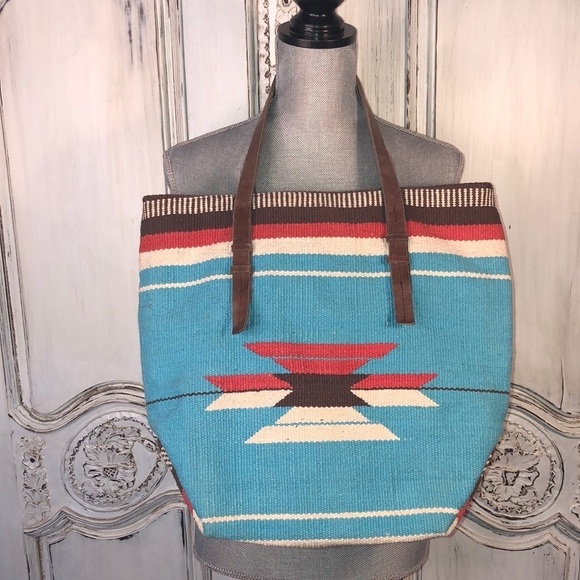 FOREVER 21 Navajo Blanket Leather Straps Turquoise and Red Tote Bag - Picture 1 of 9